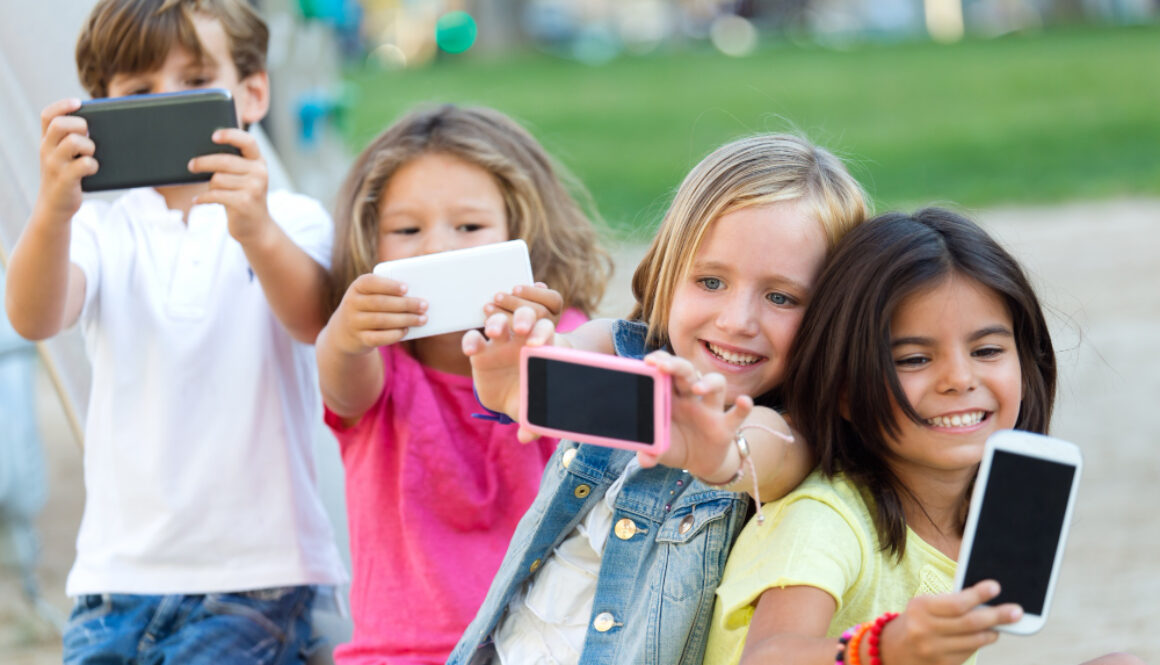 group-childrens-taking-selfie-park